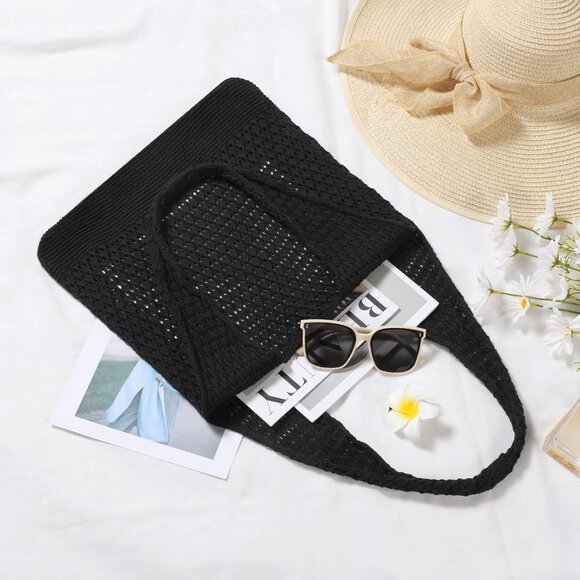 Women's Dark Black Shoulder Shopping Handbag Casual Travel Totes Fold Able Bags - Picture 5 of 7